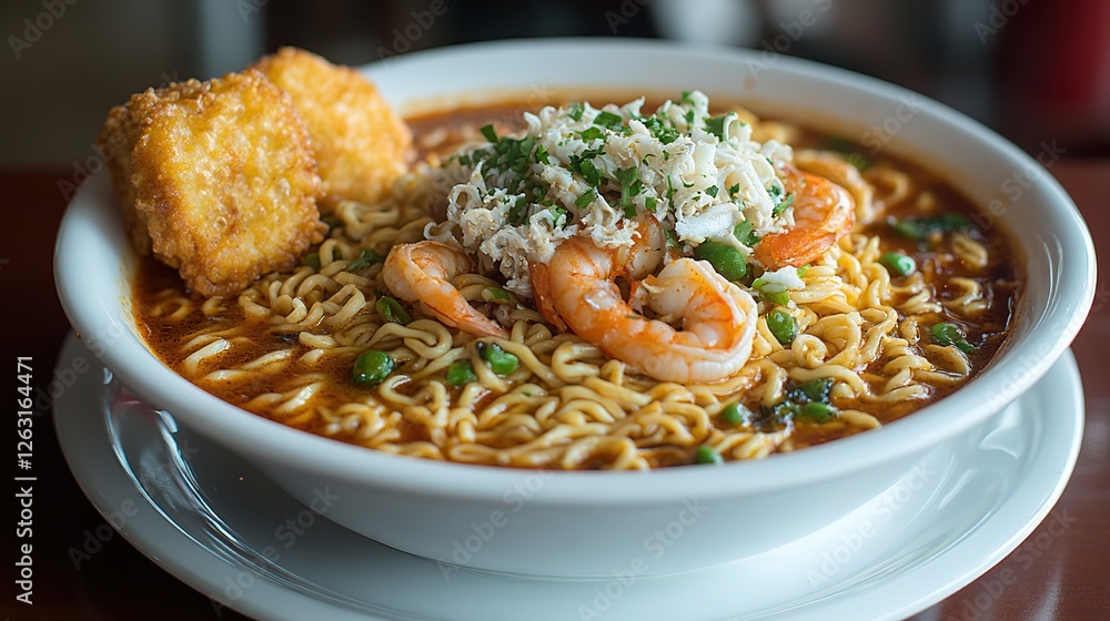 Indonesian seafood mie tek tek with stir-fried noodles, shrimp, and squid, served with a side of fried tofu Indonesian seafood mie tek tek with stir-fried noodles, shrimp, and squid, served with a side of fried tofu