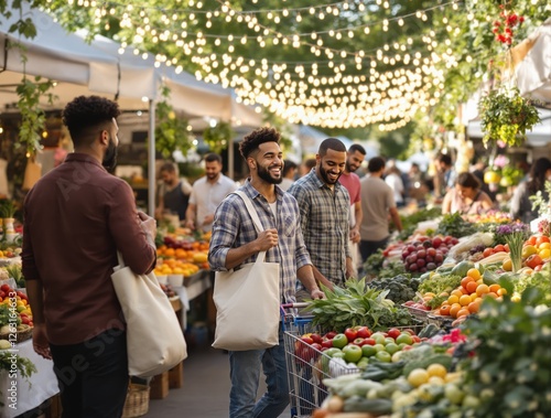 Three Black men shopping for produce at an outdoor farmers market at sunset