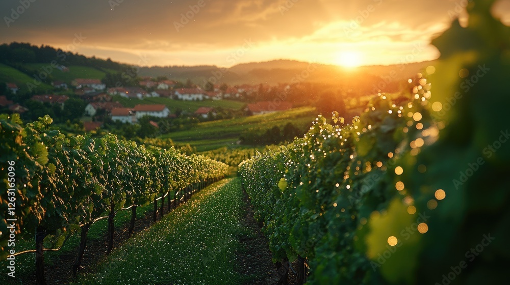 Naklejka premium Vineyard Rows Basking In Golden Sunset Light