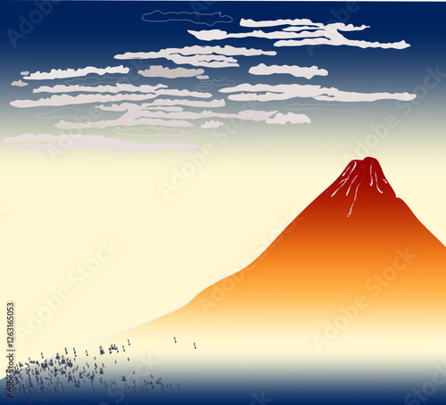 Fuji mountain by Hokusai hand drawn vector illustration. Mt Fuji landscape with clouds. Simple flat style graphic background.
