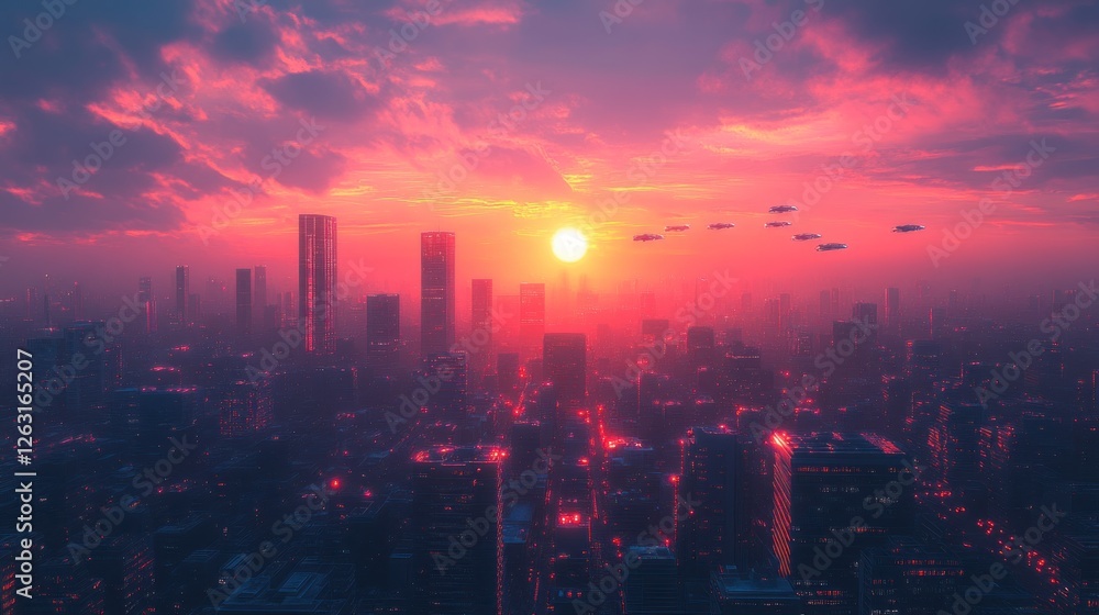 Fototapeta premium Futuristic Cityscape at Sunset with Flying Vehicles