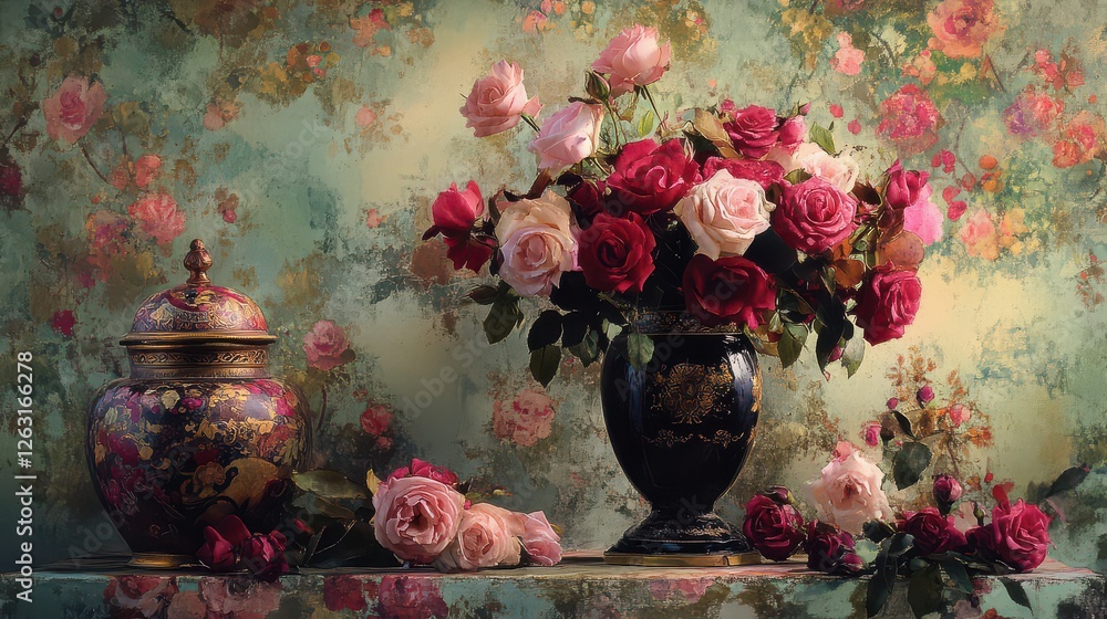 Fototapeta premium Elegant Floral Arrangement in Ornate Vase Against Vintage Wallpaper