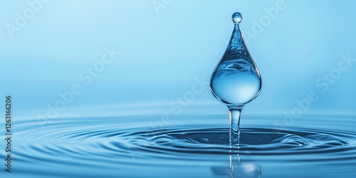 Serene Blue Background with Molecular Water Droplet: Symbolizing Pure Drinking Water Technology. Abstract Marketing Concept for Health and Cleanliness, Featuring Gentle Ripples and Scientific Purity. 