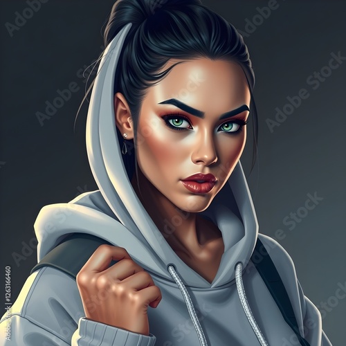 un retrato hermoso y moderno de una mujer, con una sudadera