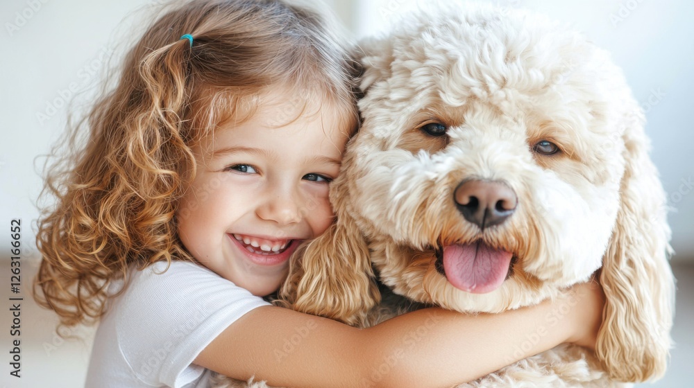 Close up of a child hugging a big fluffy dog, pure love and innocence, warm golden lighting, soft fur texture Close up of a child hugging a big fluffy dog, pure love and innocence, warm golden lighting, soft fur texture