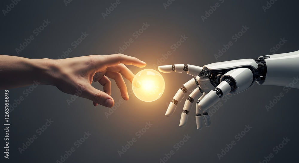 Fototapeta premium Human and Robot Hands Reaching for a Glowing Orb of Light