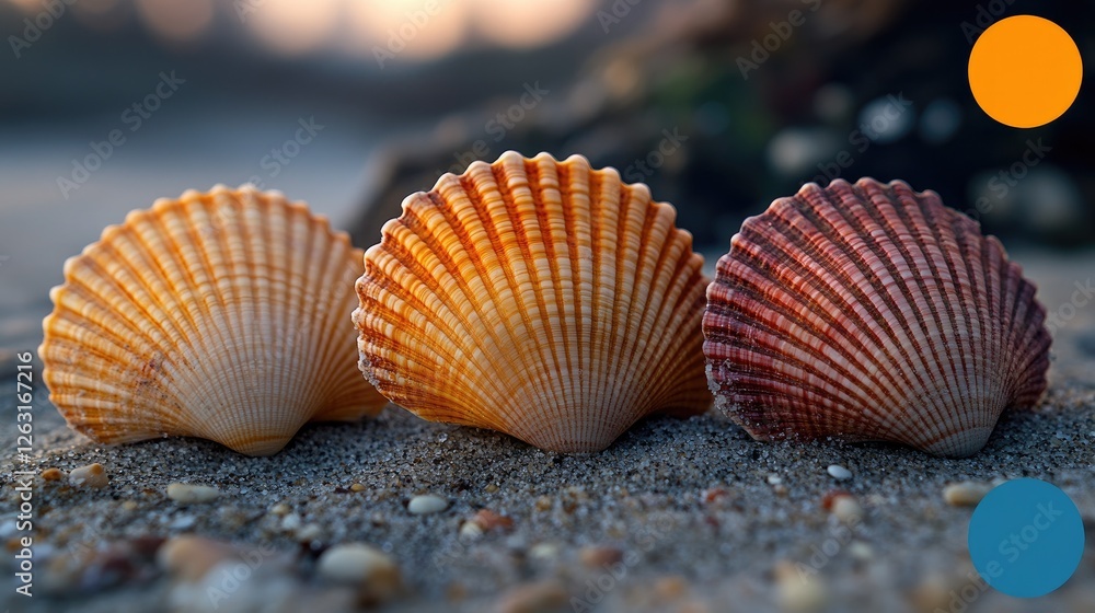 Three Scallops Resting On Sandy Beach At Sunset Three Scallops Resting On Sandy Beach At Sunset