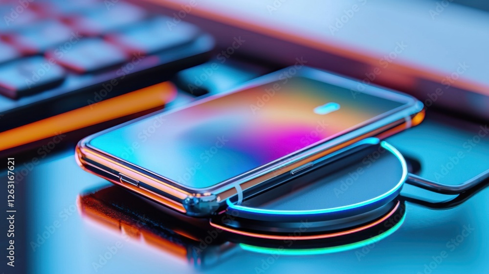 Close up of a modern smartphone on a wireless charger, sleek tech branding, premium metallic design, cool ambient lighting Close up of a modern smartphone on a wireless charger, sleek tech branding, premium metallic design, cool ambient lighting