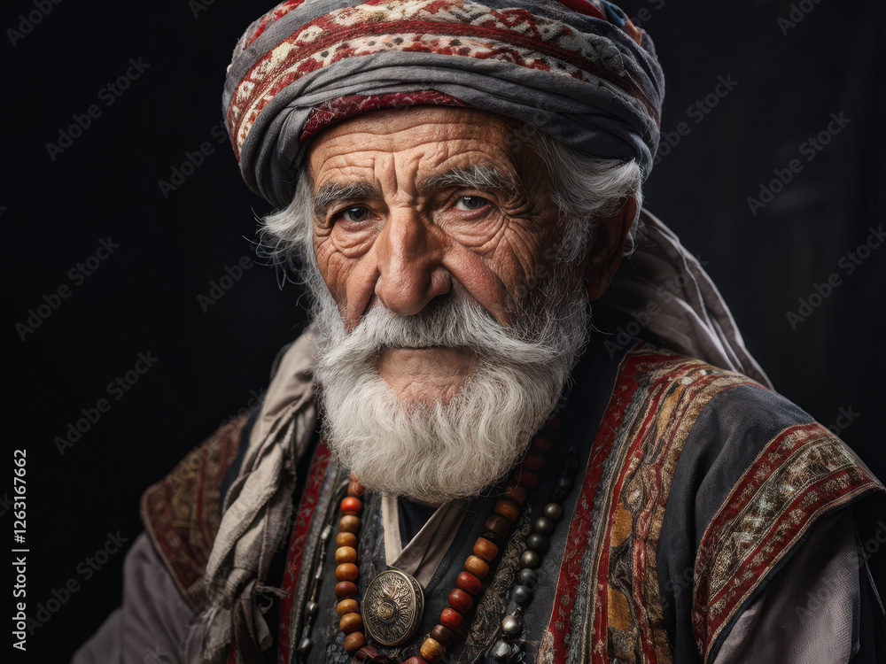 Obraz premium A wise Turkish elder with a flowing white beard, wearing a traditional turban and ornate beads, embodying rich Middle Eastern heritage. Generative AI