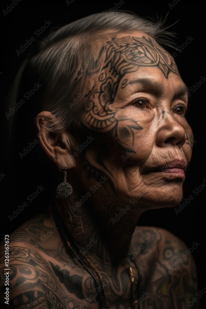 Elderly Woman With Intricate Facial And Body Tattoos Elderly Woman With Intricate Facial And Body Tattoos