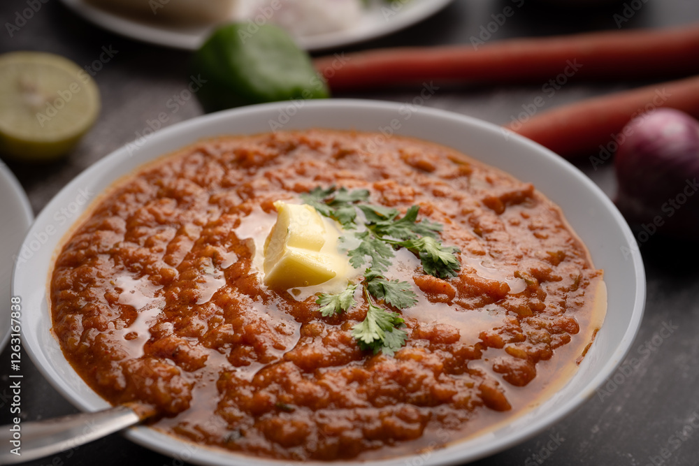 Pav bhaji is a fast food dish from India consisting of a thick vegetable curry served with a soft bread roll Pav bhaji is a fast food dish from India consisting of a thick vegetable curry served with a soft bread roll