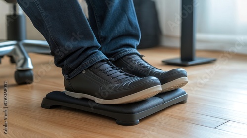 Person's feet resting on footrest while seated in an office chair