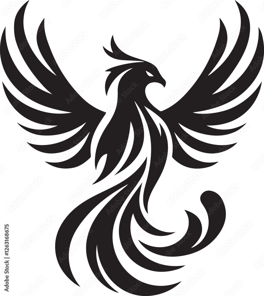 Flying phoenix silhouette vector – powerful flame bird symbol for mythology and fantasy designs Flying phoenix silhouette vector – powerful flame bird symbol for mythology and fantasy designs