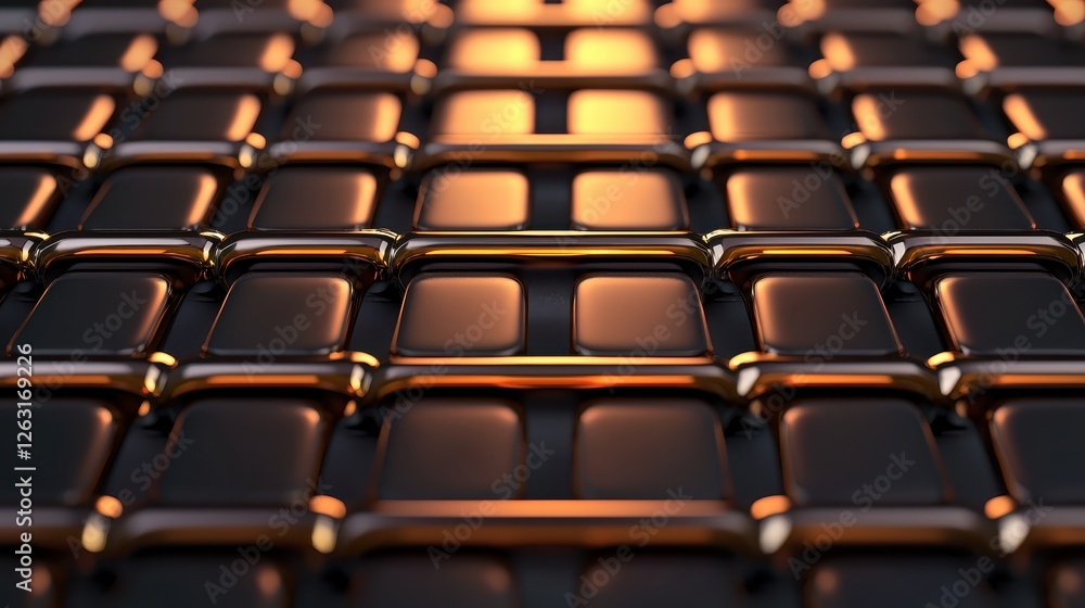 Fototapeta premium Close-up of a metallic grid pattern reflecting warm light, ideal for abstract design.