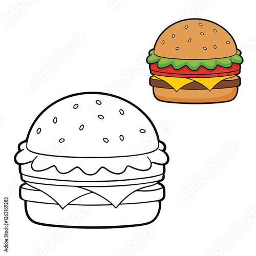 A fun and vibrant burger coloring page featuring a juicy burger with layers of cheese, lettuce, tomato, and a sesame seed bun—perfect for all ages to enjoy!