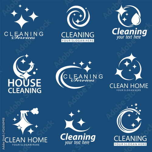 collection of cleaning service design with sparkle stars isolated on blue background