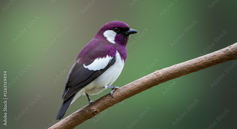 Dreamy Soft-Focus Portrait of an Exotic Purple and White Tropical Bird Gracefully Perched on a Tree Branch, Showcasing Its Vibrant Plumage and Serene Elegance Dreamy Soft-Focus Portrait of an Exotic Purple and White Tropical Bird Gracefully Perched on a Tree Branch, Showcasing Its Vibrant Plumage and Serene Elegance