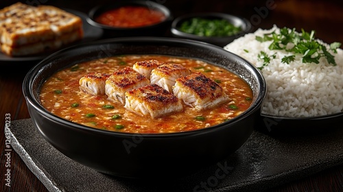 Indonesian sup ikan with fish in a tangy broth with tomatoes, served with rice and fresh herbs on the side