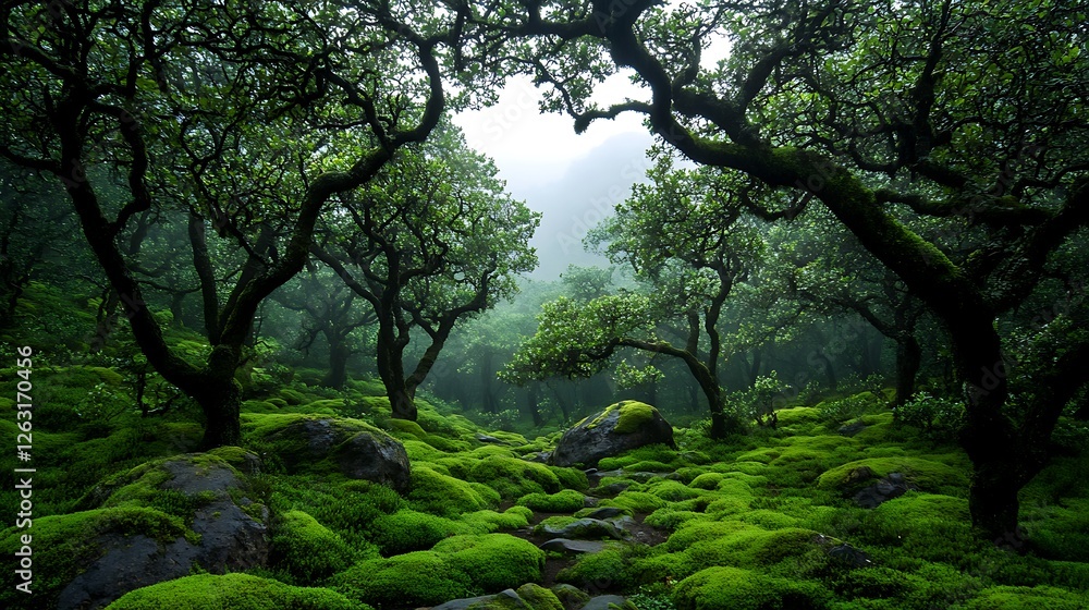 Naklejka premium Misty Morning in a Mossy Forest Glen AI Generated