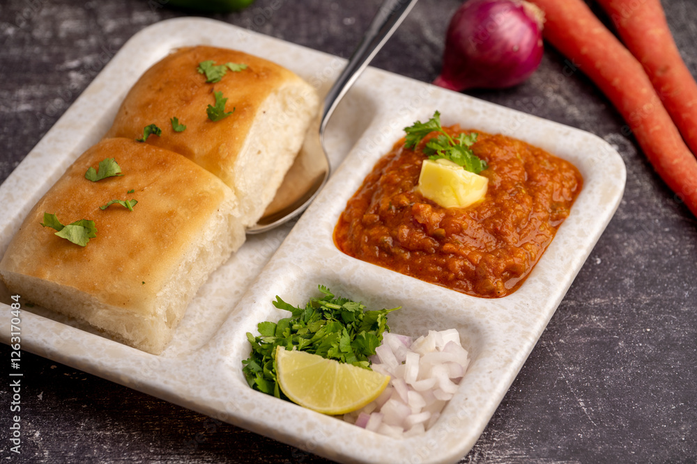 Mumbai Style Pav or paav bhaji is a fast food dish from India, consists of a thick vegetable curry served with a soft bread roll, served in a plate Mumbai Style Pav or paav bhaji is a fast food dish from India, consists of a thick vegetable curry served with a soft bread roll, served in a plate