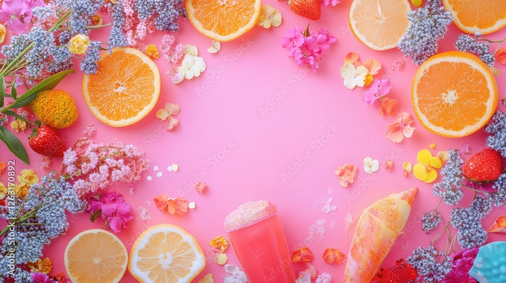 Flat lay of summer items on vibrant pink surface Flat lay of summer items on vibrant pink surface
