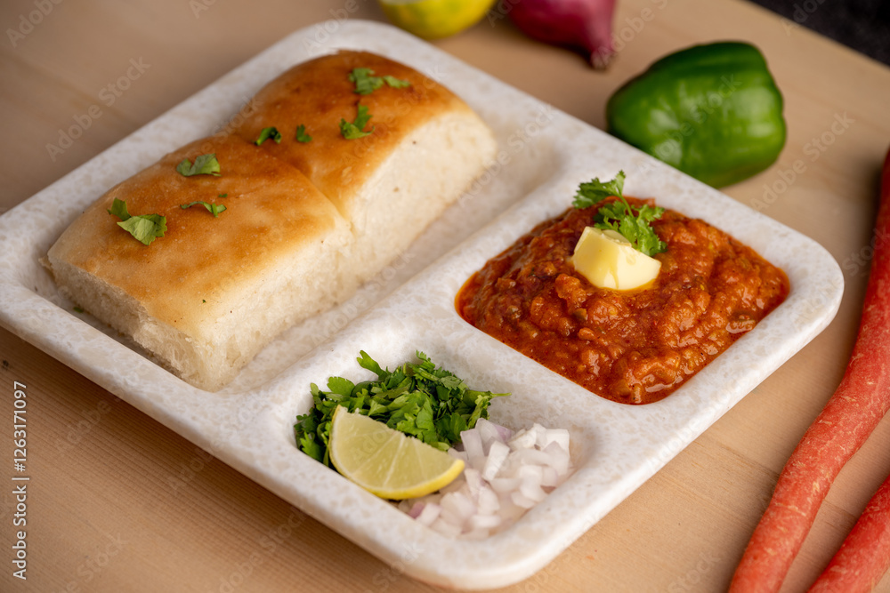 Mumbai Style Pav or paav bhaji is a fast food dish from India, consists of a thick vegetable curry served with a soft bread roll, served in a plate Mumbai Style Pav or paav bhaji is a fast food dish from India, consists of a thick vegetable curry served with a soft bread roll, served in a plate