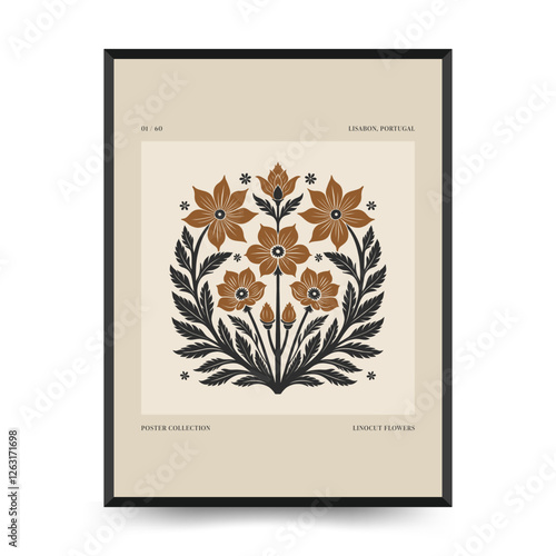 Abstract linocut floral posters template. Modern trendy minimal style. Black and white colors. Botanical blockprint. Hand drawn design for wallpaper, wall decor, print, postcard, cover, template.