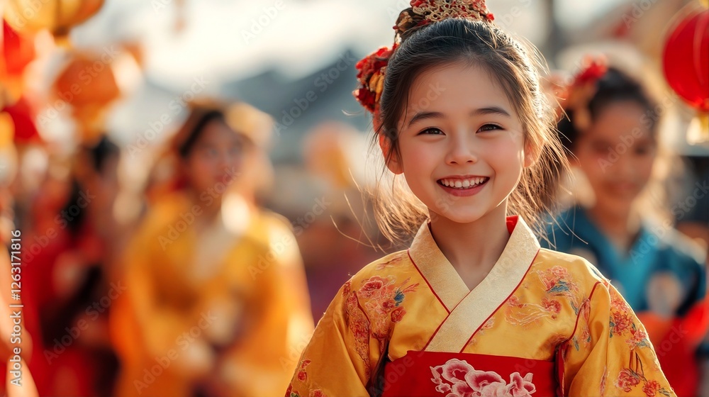 A young girl dressed in a traditional Chinese kimono smiles at the camera. A young girl dressed in a traditional Chinese kimono smiles at the camera.