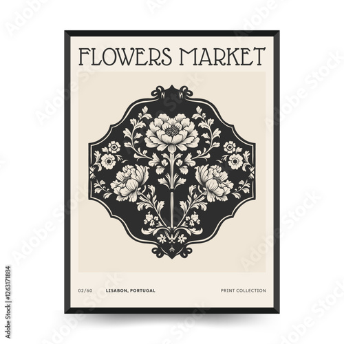 Abstract linocut floral posters template. Modern trendy minimal style. Black and white colors. Botanical blockprint. Hand drawn design for wallpaper, wall decor, print, postcard, cover, template.