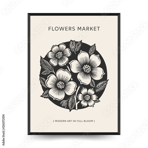 Abstract linocut floral posters template. Modern trendy minimal style. Black and white colors. Botanical blockprint. Hand drawn design for wallpaper, wall decor, print, postcard, cover, template.