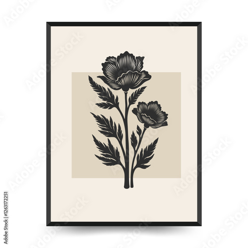 Abstract linocut floral posters template. Modern trendy minimal style. Black and white colors. Botanical blockprint. Hand drawn design for wallpaper, wall decor, print, postcard, cover, template.