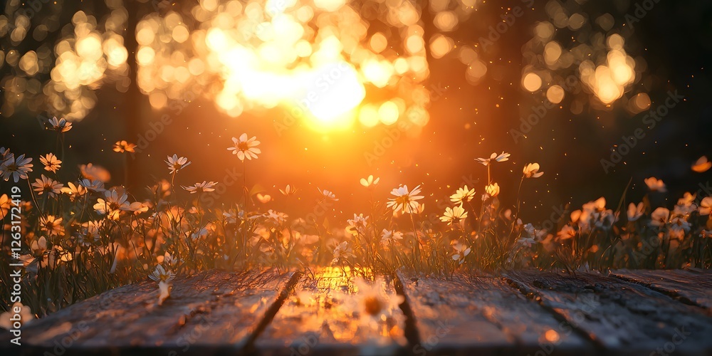 Wooden table with flowers in foreground during golden hour sunlight illumination Wooden table with flowers in foreground during golden hour sunlight illumination