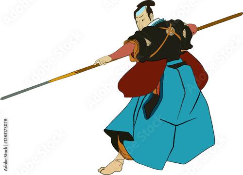 Japanese samurai warrior with stick vector illustration with weapon sword. Ancient japanese or chinese theater.