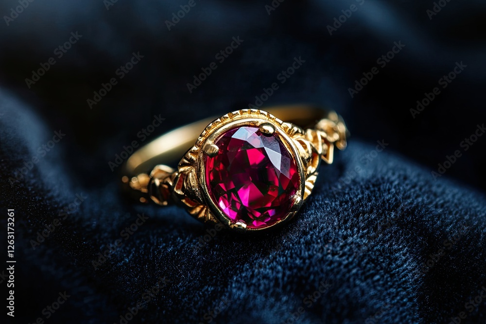 A dramatic lighting shot of a ruby ring against a black velvet background A dramatic lighting shot of a ruby ring against a black velvet background