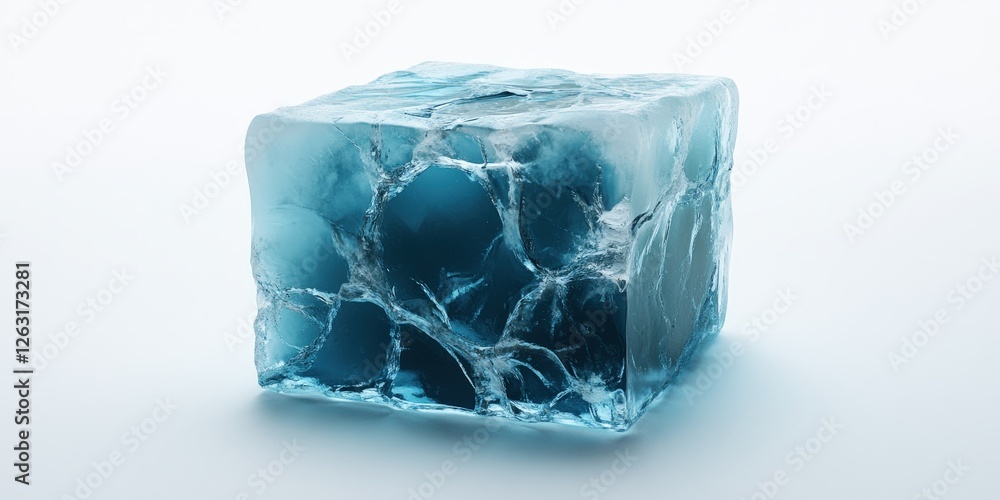 Obraz premium A captivating blue ice cube with layered textures; from a deep azure at the base to a light hue on top. Each tier reveals intricate, crystalline patterns beneath its translucent surface