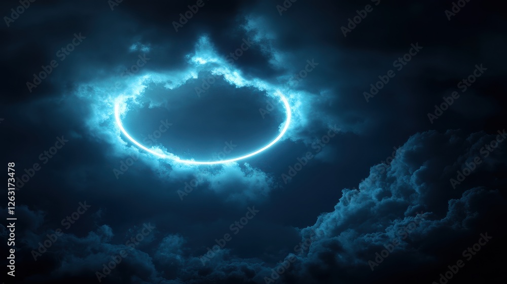 Fototapeta premium Neon Light Ring Illuminating Dark Cloud at Night