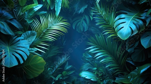 Fototapeta Naklejka Na Ścianę i Meble -  Tropical foliage backdrop, dark lush jungle