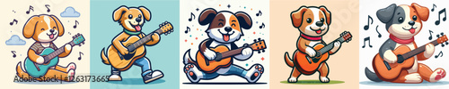 vector set of cute dogs playing guitar