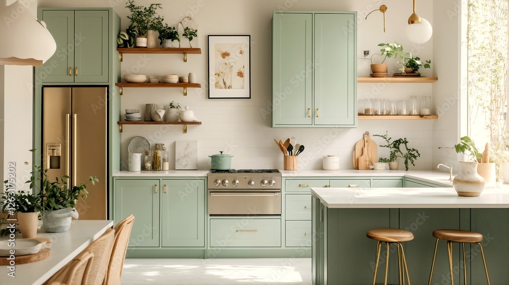 Fototapeta premium A modern kitchen with mint green cabinets and white countertops.