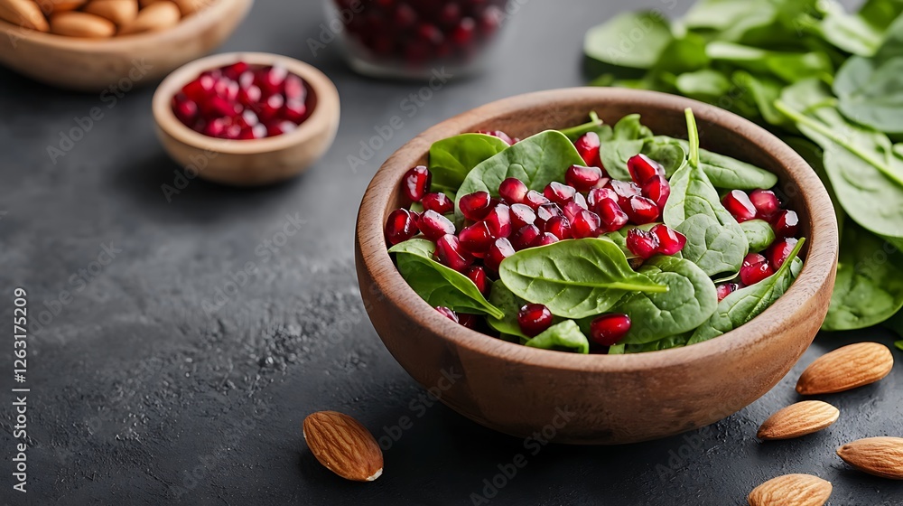 A vibrant bowl of spinach salad topped with pomegranate seeds and almonds, showcasing a healthy and colorful dish on a dark countertop. A vibrant bowl of spinach salad topped with pomegranate seeds and almonds, showcasing a healthy and colorful dish on a dark countertop.