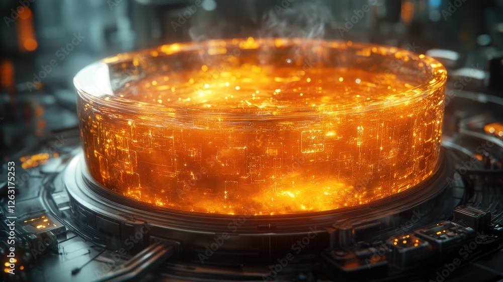 Glowing Orange Circuitry Within Futuristic Glass Vessel Glowing Orange Circuitry Within Futuristic Glass Vessel
