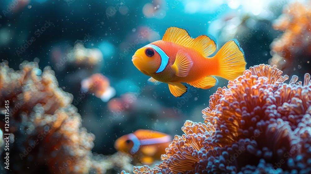 Obraz premium Orange Clownfish Swimming Near Coral Reef