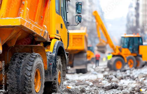 Construction excavation operation urban site heavy machinery industrial environment close-up view progress in infrastructure photo