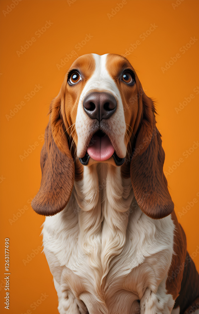 beautiful surprised Basset dog against orange background. Digital artwork. Ai generated