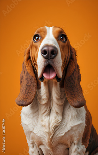 Obraz na płótnie beautiful surprised Basset dog against orange background. Digital artwork. Ai generated w salonie