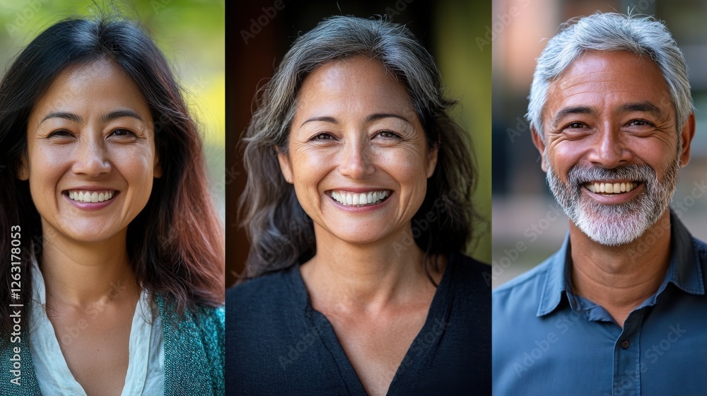 Diverse individuals smiling warmly, radiating joy and connection in a close-up portrait. Diverse individuals smiling warmly, radiating joy and connection in a close-up portrait.