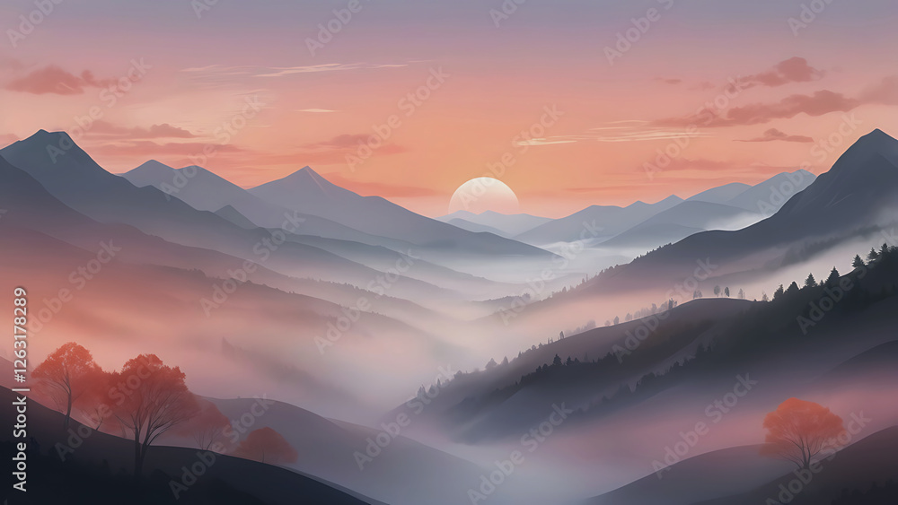 Fototapeta premium Whispers of Dawn: Tranquil Peaks in Morning Hues