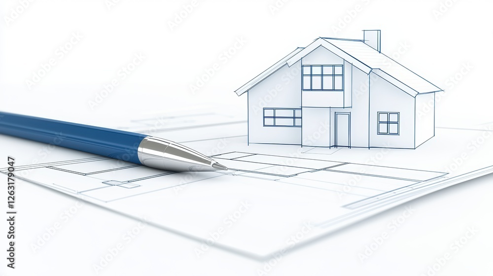 Conceptual image of house planning and construction with blueprints, miniature house, pen. Conceptual image of house planning and construction with blueprints, miniature house, pen.