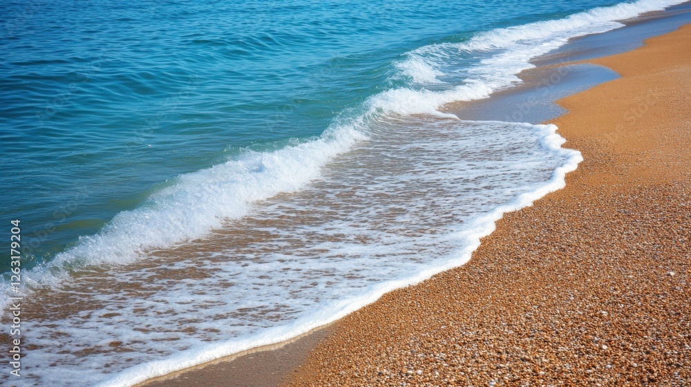 Turquoise waves gently kiss the sandy shore, embodying the serene essence of summer. Turquoise waves gently kiss the sandy shore, embodying the serene essence of summer.