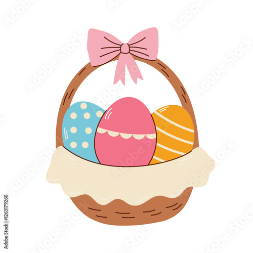 cute basket easter with eggs. Flat vector illustration in children's style